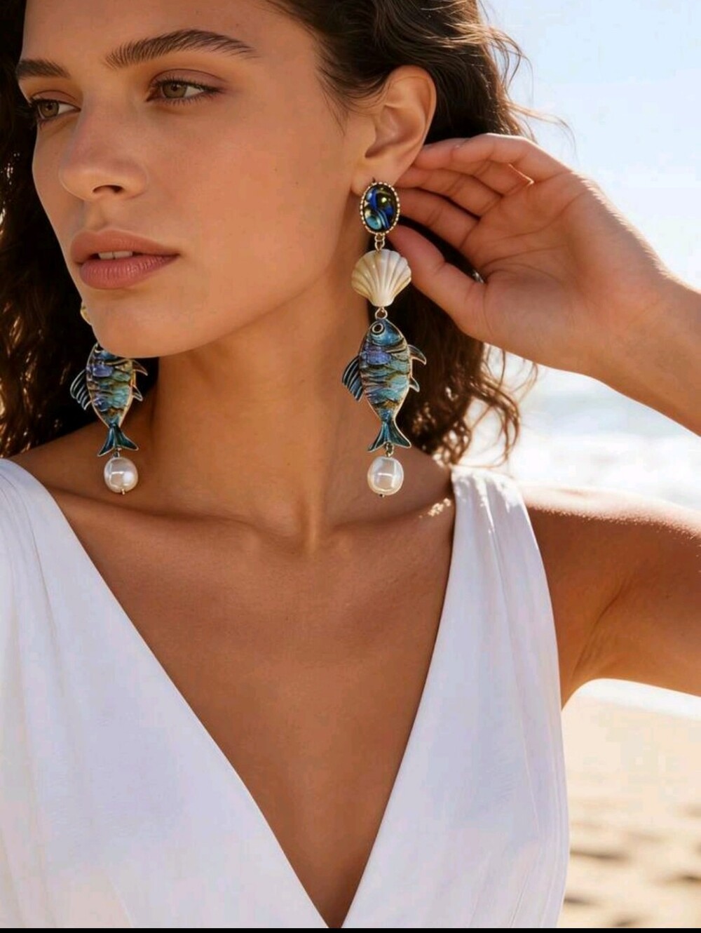 BRAND NEW ** Blue Fish Drop Earrings with Pearl and Shell Accent